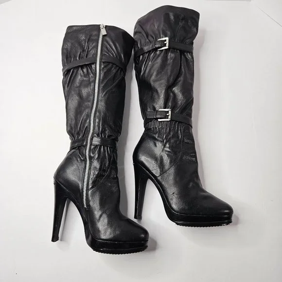 Michael Kors Stiletto High Heel Platform Boots Size 7.5 Black Leather Knee High - Picture 9 of 16